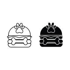 Dog food burger icon set with paw print and bone