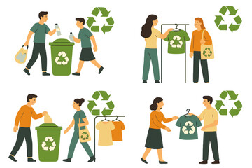 People sorting waste and buying recycled clothing for sustainable living