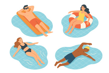 Diverse group of people enjoying summer vacation in swimming pool, relaxing on floats