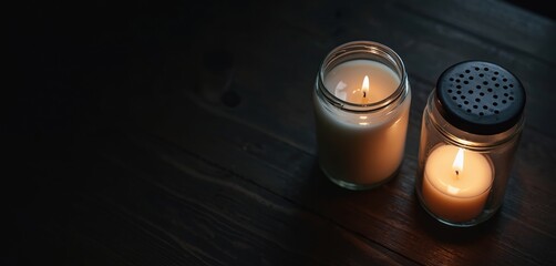 Two burning candles in glass jars create warm peaceful glow on dark wood background. Candlelight remembrance hope, memory. Solemn memorial light for grief sympathy prayer with copy space for text.
