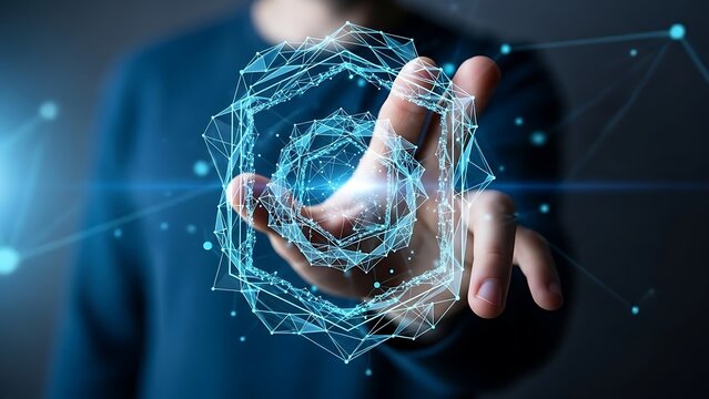 Businessman hand touching a glowing blue digital network structure representing data security, blockchain, or artificial intelligence concept