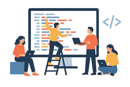 Team of developers working together on a large screen displaying code lines
