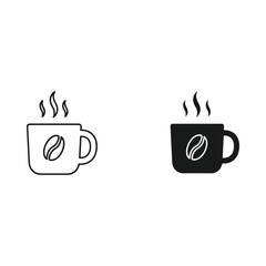 Simple line art and silhouette of a coffee cup with steam and bean