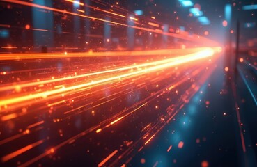 Fototapeta premium Abstract tech illustration shows dynamic light trails. Orange streaks symbolize data transfer high speed connection against dark background. Modern digital tech concept for business uses sci-fi