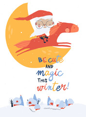 Santa Claus flying on Red Horse above Christmas Village. Vector Illustration