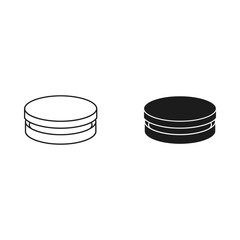 Two simple icons representing a macaron cookie in outline and solid fill