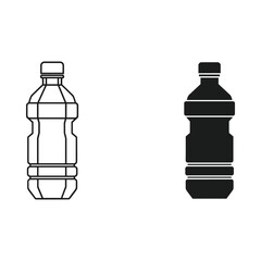 Two stylized icons of a plastic water bottle one outlined and one solid black