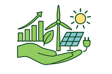 Obraz premium Hand holding solar panel and wind turbine symbolizing sustainable energy growth
