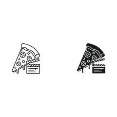Pizza slice and clapperboard icon set for food and film concepts