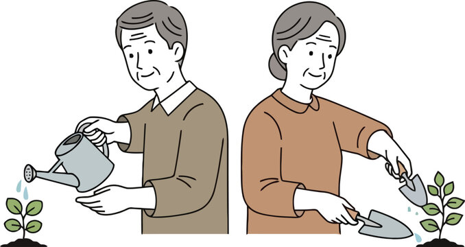 Elderly couple gardening, with a man watering a plant and a woman planting with a trowel, isolated on white background. - Powered by Adobe