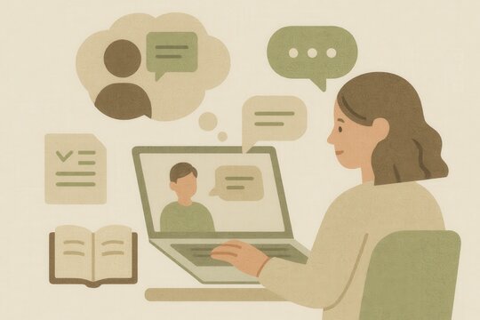 Engaging in remote communication while utilizing technology with digital interaction symbols and educational elements representing modern online learning environments