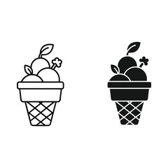 Two stylized ice cream cones with fruit and a flower in a waffle cone
