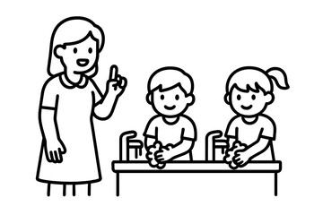 Adult teaching children proper hand washing technique for hygiene education