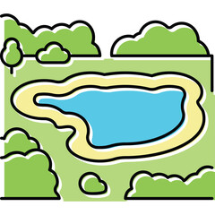 Stylized Illustration of a Serene Pond Surrounded by Lush Greenery and Trees With a Clear Blue Sky Overhead On a Sunny Day