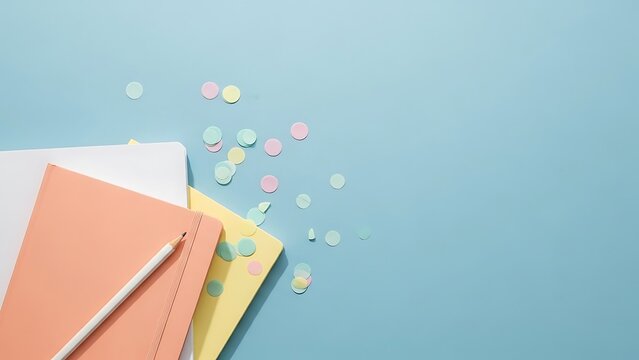 A flat lay composition with pastel colored envelopes and scattered confetti on a soft blue background creating a festive and celebratory mood for invitations or greetings
