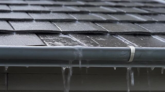 Rainwater flowing over dark shingle roof tiles into a wet gutter during a storm or heavy downpour