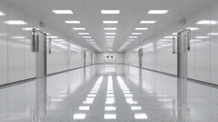 A long corridor in a contemporary building features shiny floors and bright lights. The space feels open and organized, ideal for promoting a calm atmosphere in the daytime
