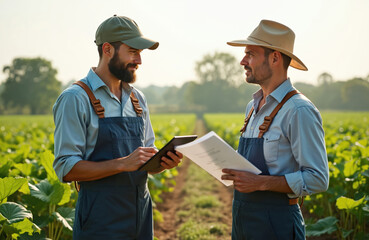 Two men discuss farm data in a field. One holds a tablet, the other a document. They are in a cultivated crop row, planning agricultural work.
