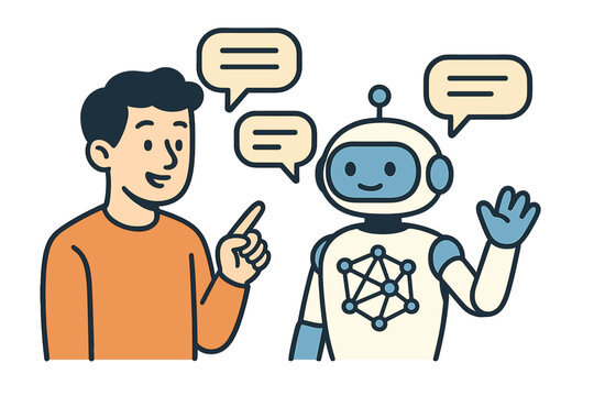 Human user having a conversation with a friendly chatbot robot assistant