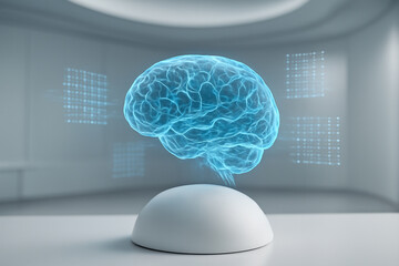 AI generated holographic neural pathways floating above a sterile white dome with soft light mood clean atmosphere and modern sci fi emotion