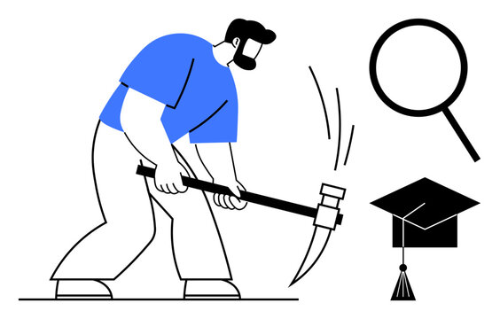 Man using pickaxe symbolizing effort and discovery, magnifying glass for research, and graduation cap for education. Ideal for diligence, knowledge, learning, success, exploration, achievement