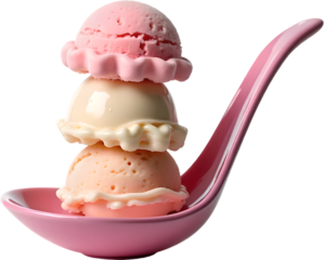 Triple Scoop Ice Cream on Pink Spoon – Ultra Realistic Transparent PNG Dessert Isolated