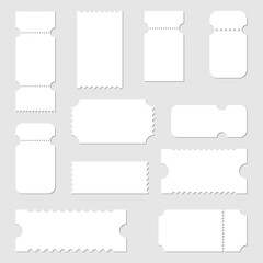A vector collection of various blank tickets with perforations, rounded corners, and varying proportions. Suitable for coupons, vouchers, admission passes, and mockups.