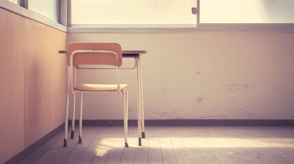 melancholy. Single desk in corner of empty classroom with soft natural light. wellbeing guides, coaching materials, designed for mental health education and mindfulness programs.