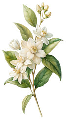 Watercolor orange blossom branch with flowers, buds, and leaves isolated on transparent background