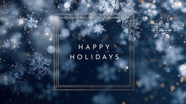 Festive happy holidays greeting with delicate snowflakes and bokeh lights on a dark blue background