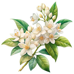 Watercolor orange blossom branch with delicate white flowers isolated on transparent background
