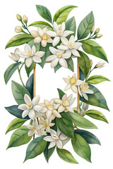 Elegant watercolor orange blossom botanical frame with green leaves. isolated on transparent background