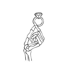 Skeleton Hand Holding Diamond Ring Line Art Illustration