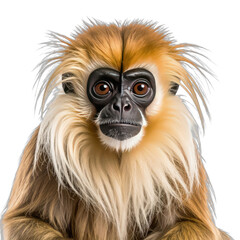 Obraz premium Striking close-up portrait of a golden snub-nosed monkey against a black background.