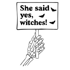 She Said Yes Witches Sign — Skeleton Hand Halloween Engagement Line Art