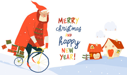 Santa Claus riding Bicycle with Christmas Gifts in Snowing Town. Vector Illustration