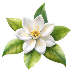 White fragrant flower with green leaves botanical illustration isolated on transparent background