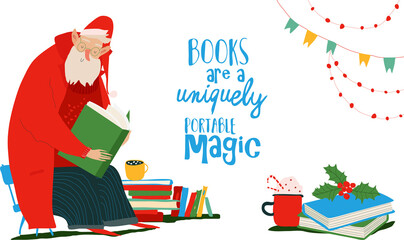 Cartoon Santa Claus reading the Book on Wooden Chair Near Stack of Books. Vector Illustraion