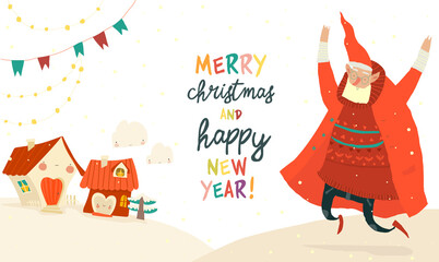 Santa Claus celebrating and enjoying Christmas. Vector Illustration