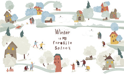 Cartoon Happy People enjoying Snow in the Small Town. Winter Landscape. Vector illustrationv