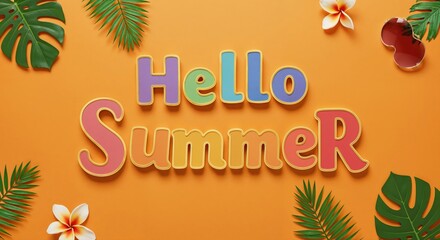 Sunshine Greetings: Hello Summer: A vibrant composition announces the arrival of summer, adorned with lush tropical leaves and delicate flowers on an inviting, sun-kissed backdrop.