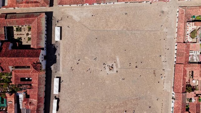 Drone flying over the historic plaza mayor, one of the largest town squares in south america