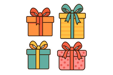 Four colorful wrapped gift boxes with decorative bows for holidays and celebrations