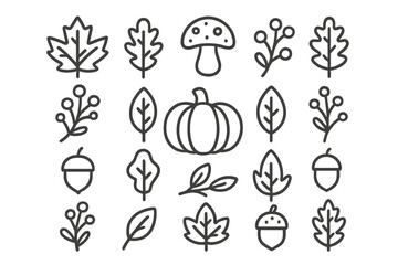Minimalist line art symbols of autumn harvest elements pumpkin leaves acorns berries © icon_art
