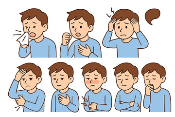 Young man experiencing common sickness symptoms including cold, flu, fever, and headache