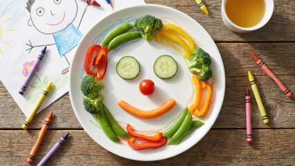 Healthy Eating Fun Kids Meal Arrangement A Colorful Vegetable Face On A Plate With Crayons And Drawing