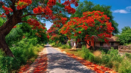 Vibrant Scenic Road Surrounded by Red Flowering Trees Under Clear Blue Sky in Countryside