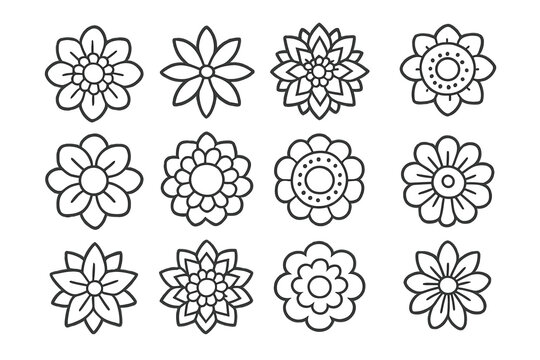 Twelve minimalist outline flower icons and decorative mandala symbols for spring and nature design