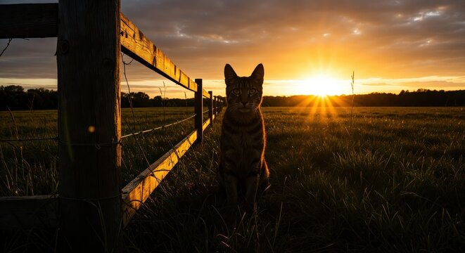 Cat's Evening Silhouette: A lone cat perches on a rustic fence, silhouetted against a radiant sunset. The cat's alert posture and the serene landscape merge, creating a moment of quiet contemplation.