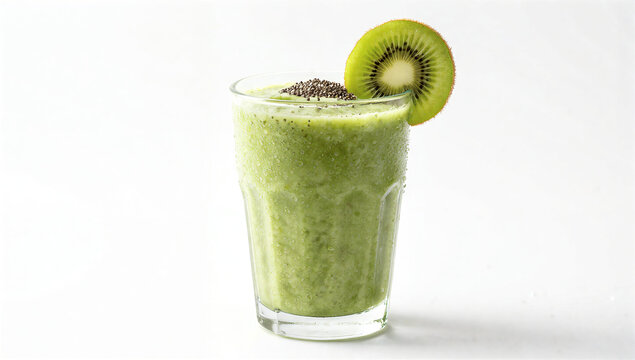 a single glass of thick, vibrant emerald green vegetable smoothie, The smoothie has a creamy texture, topped with chia seeds and a fresh slice of kiwi for garnish.
